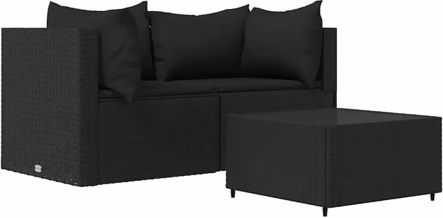 Set Divani da Giardino 3 pz | Set Salotto da Giardino con Cuscini Nero in Polyrattan