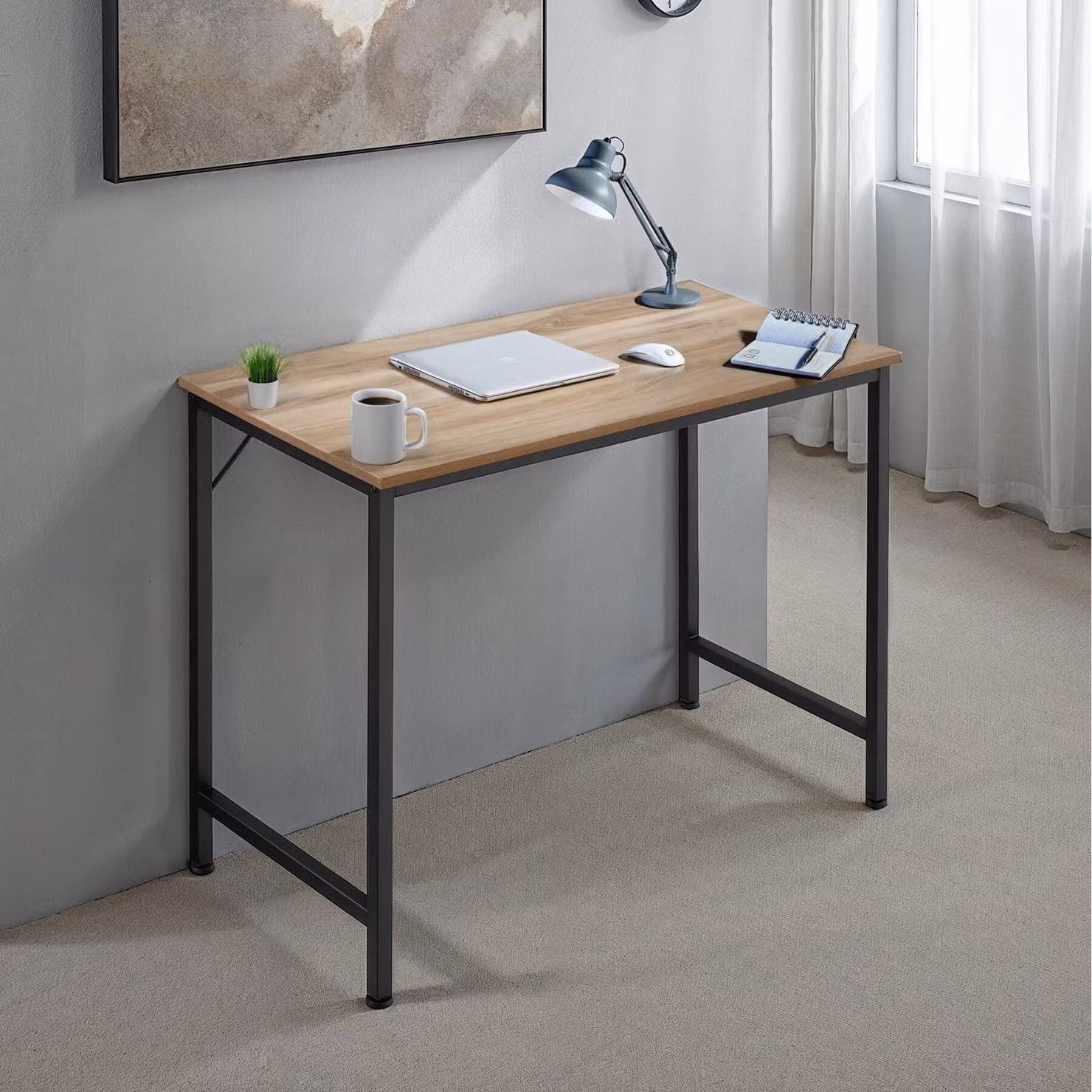 Scrivania da scrittura industriale tectake in legno rovere e metallo, L: 140 cm, P: 60 cm, H: 75,5 cm – 2