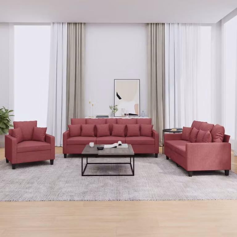 Set di divani 3 pezzi vidaXL in tessuto rosso con cuscini per soggiorno moderno