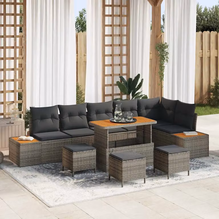 Set Divano da Giardino vidaXL 10 Pezzi Grigio con Cuscini e Tavolino da Esterno in Rattan e Acciaio