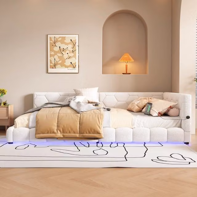 Divano letto 140x200cm - Tessuto Vliesimitat - LED 16 Colori - Porte USB e Type-C - Struttura in MDF - Capacità 220kg - Bianco
