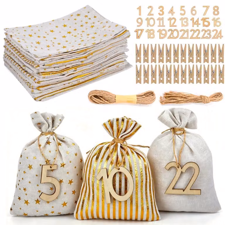 Set per l'avvento: 24 sacchetti di stoffa + numeri in legno + clip + corda