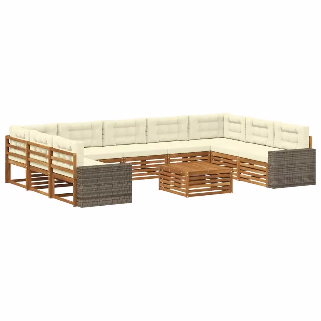 Set di divani da esterno a L vidaXL in legno di acacia con cuscini beige e bianchi e tavolino da caffè coordinato – 2