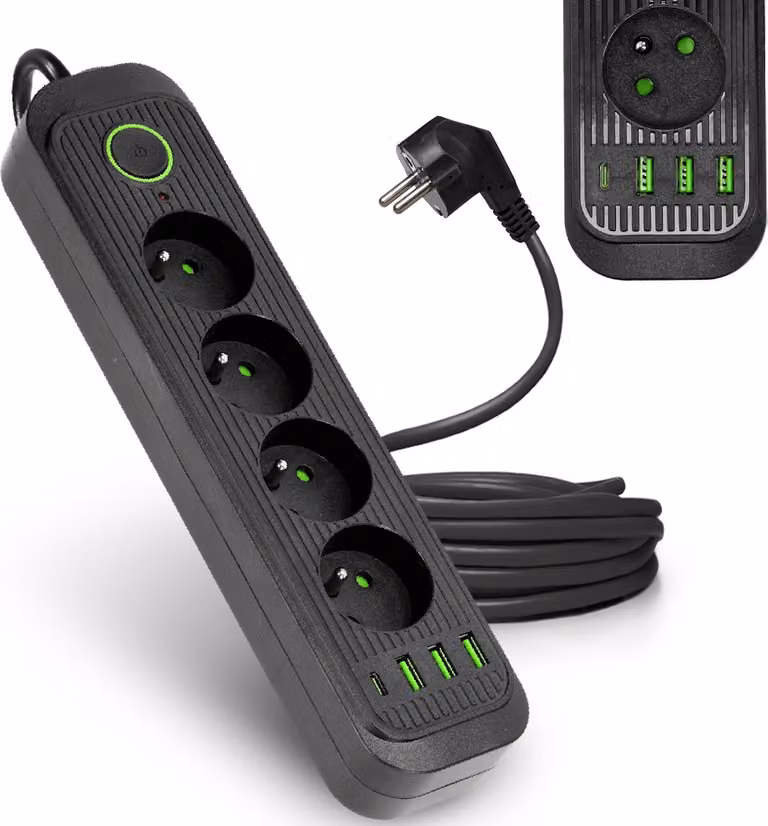 Ciabatta multipresa KOBI CONNECTO nera, con 4 prese, cavo da 1,5 metri, prolunga con 4 porte USB con interruttore on/off e messa a terra