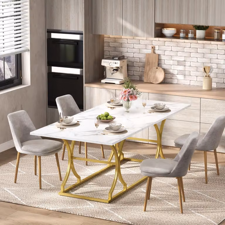 STILVORA Tavolo da pranzo con gambe in metallo color oro, tavolo da cucina con piedini regolabili, tavolo da salotto dal design moderno, adatto per il soggiorno e la zona pranzo, bianco+oro