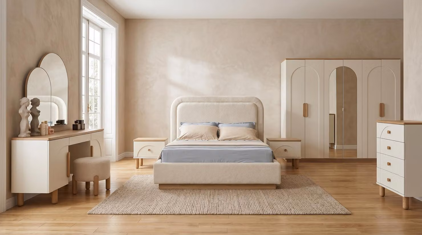 Set per camera da letto: letto, due comodini, una cassettiera, un armadio