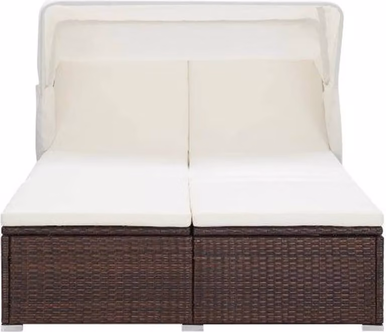 Lettino Prendisole a 2 Posti con Cuscino in Polyrattan Marrone