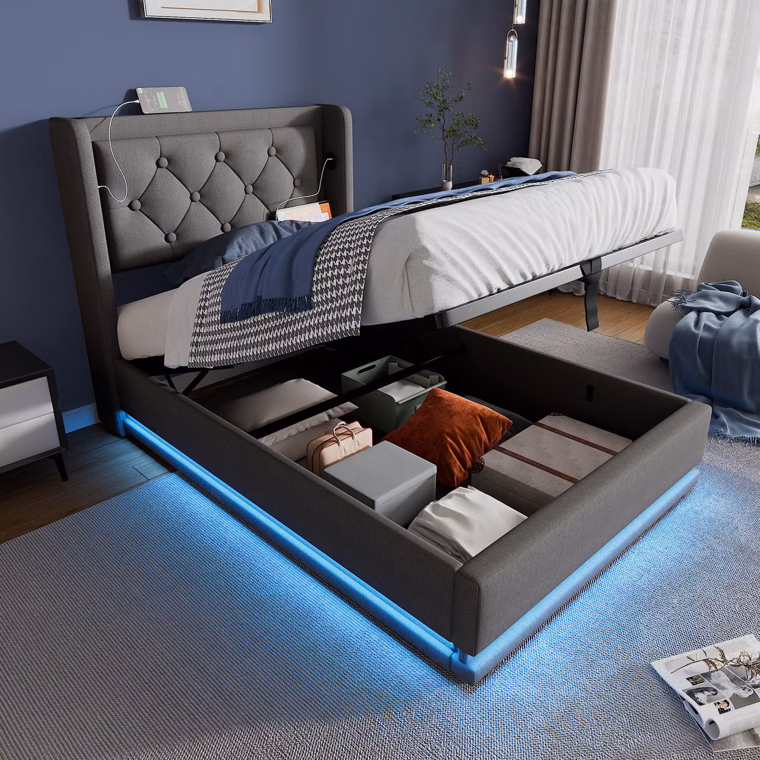 MODFU Letto a baule idraulico 90x200 - Letto singolo con ricarica USB Type-C - Cotone - Senza materasso - Grigio