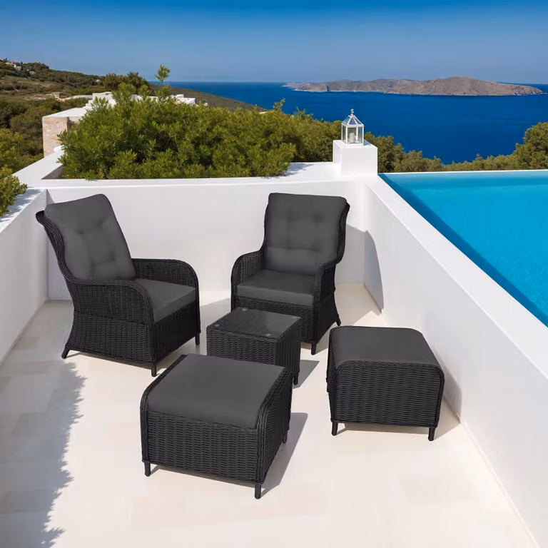Set da giardino moderno Tectake Benissa 2+2 in rattan e alluminio con piano in vetro - nero/grigio
