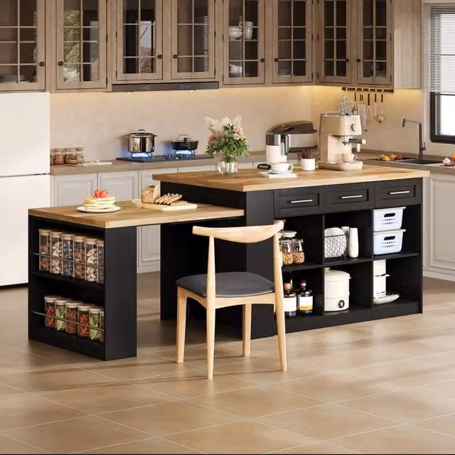 Isola Cucina Multifunzionale REDOM con Tavolo Estratibile, Nero e Naturale, L/P/H: 150 x 90 x 90 cm
