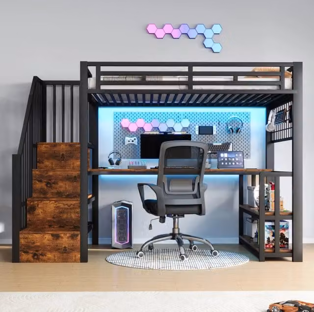 Letto a soppalco 90x200 cm con struttura in ferro, scrivania integrata, LED regolabile, ripiani e portaoggetti, colore nero, senza materasso