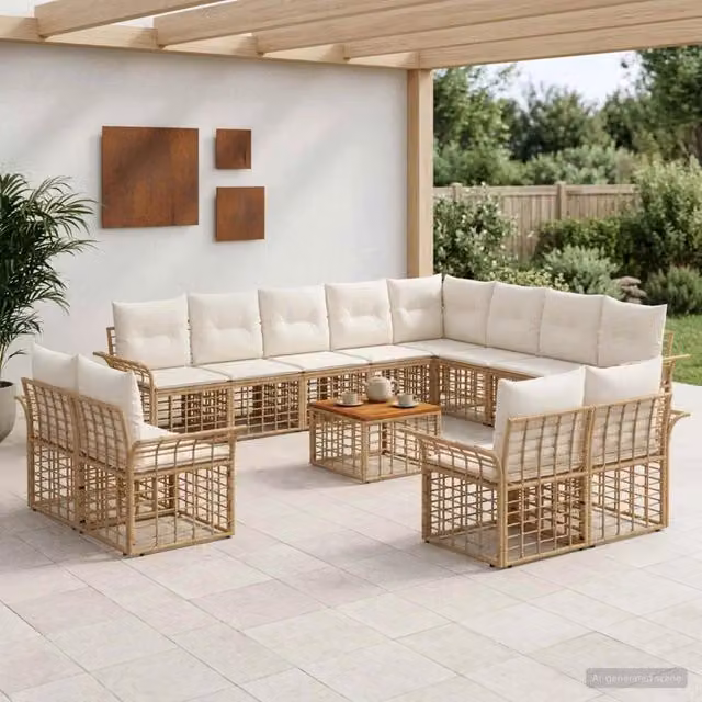 Set di divani da esterno vidaXL a forma di U composto da 13 pezzi per 12 posti, colore beige, bianco e marrone, con struttura in metallo e cuscini inclusi