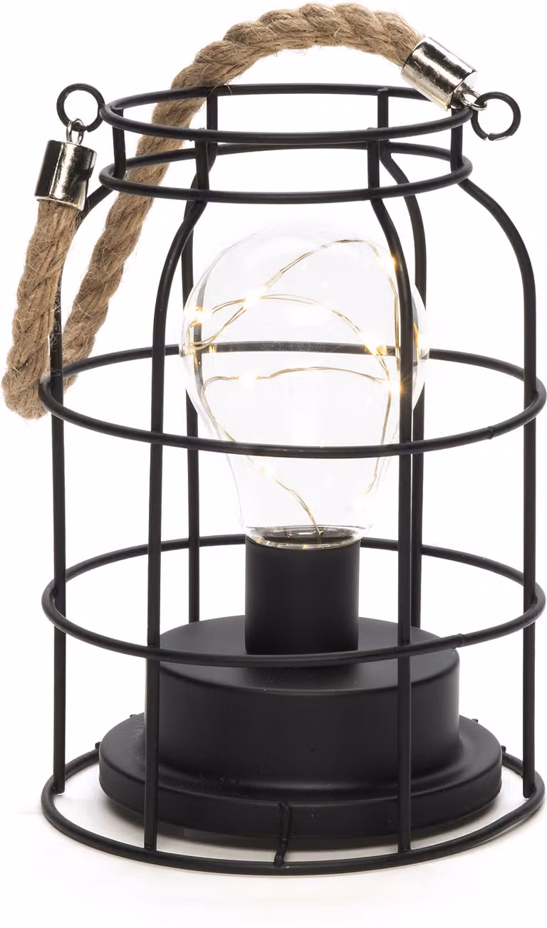 Konstsmide - Lanterna a LED in metallo, rotonda, con interruttore on/off, timer 6h, nera, a batteria, per interni, 9 diodi color ambra, cavo color argento
