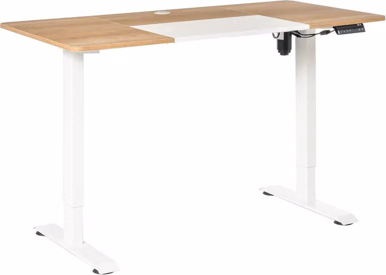 Scrivania regolabile elettricamente, con sistema motorizzato, per lavoro in posizione seduta o in piedi. Tavolo regolabile per computer, disponibile nei colori naturale e bianco, dimensioni 140x70 cm