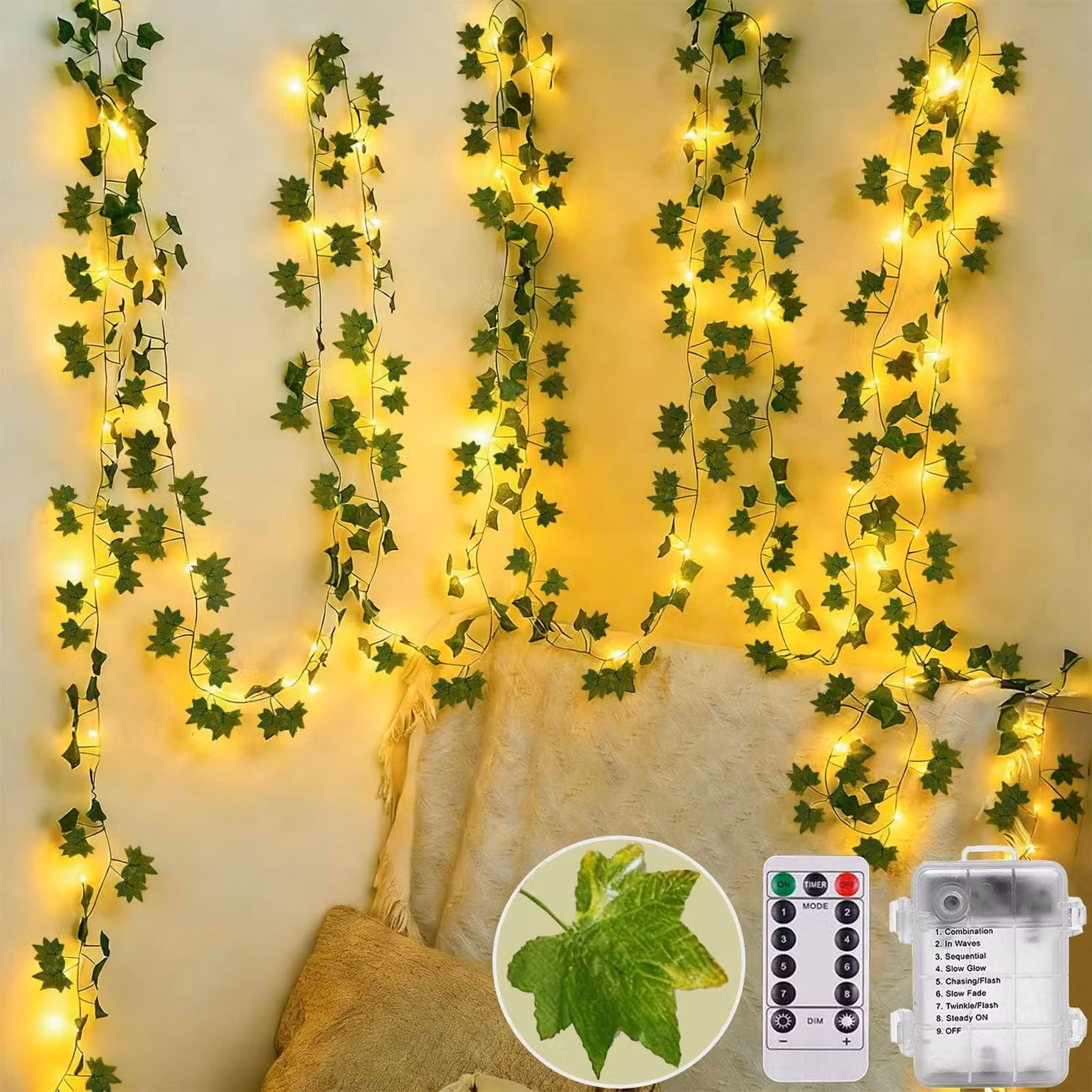 Catena luminosa a forma di edera, 10 metri, 100 LED, luce bianco caldo, alimentazione a batteria, grado di protezione IP65