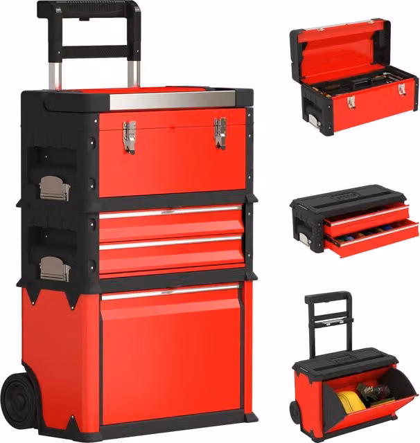 Set Cassetta Portautensili 3 Livelli con Ruote, Carrello Modulare in Acciaio e Plastica, Organizer Impilabile per Officina e Fai da Te