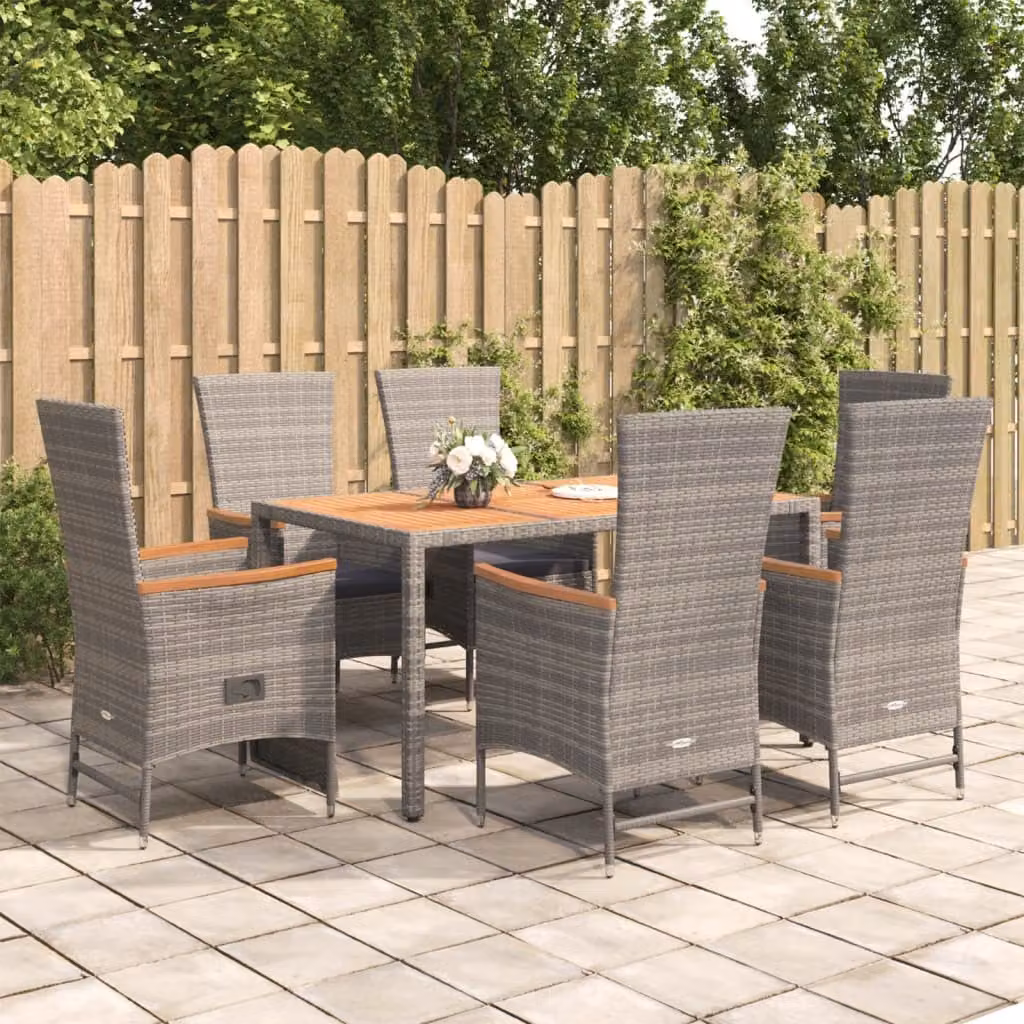 The Living Store Set da pranzo da giardino 7 pezzi con cuscini in poly rattan grigio