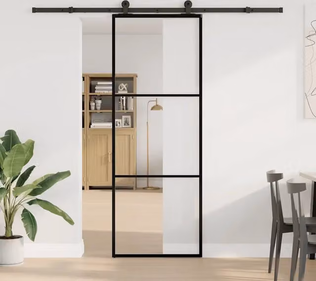 Porta Scorrevole Moderna vidaXL in Vetro Trasparente e Alluminio Nero L: 76 cm, H: 205 cm – 1