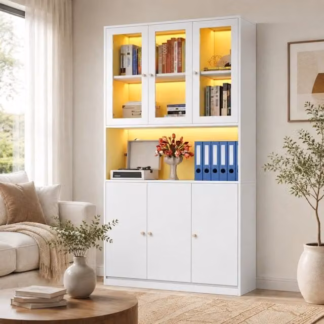 Libreria moderna in MDF bianco con ante in vetro e illuminazione LED, L: 100 cm, P: 35 cm, H: 200 cm