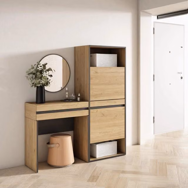Consolle Ingresso, 130x35x145cm, Con cassetto, Scarpiera, colore Rovere RF3448
