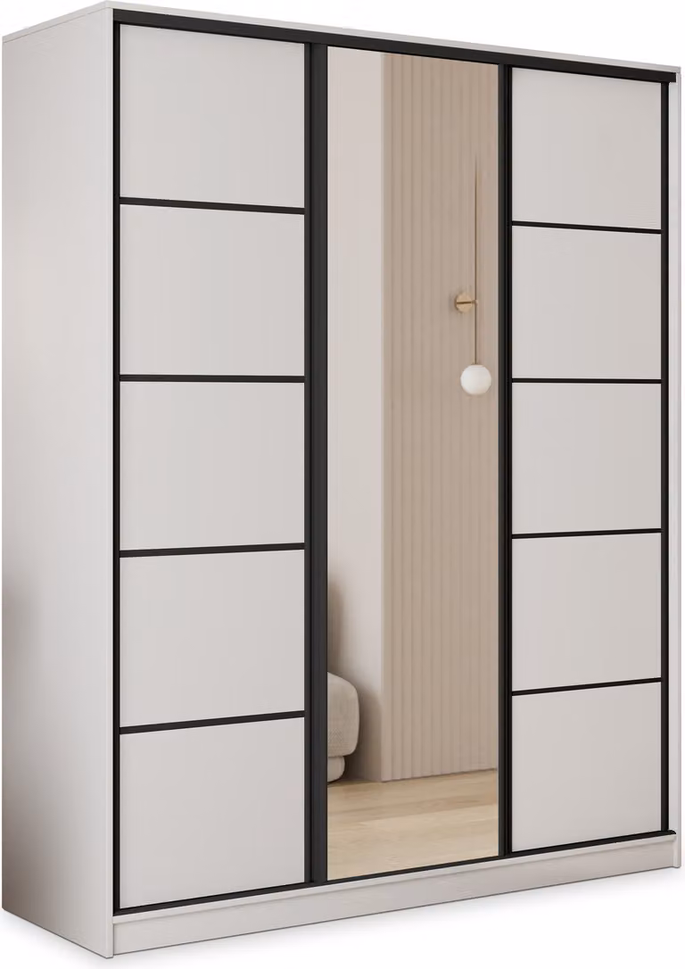 Armadio scorrevole Masseno PINA 160/205/58 cm Armadio con 4 cassetti Armadio per camera da letto a 3 ante con specchio Bianco