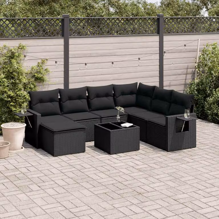 Set Divani da Giardino vidaXL a Forma di L in Polyrattan Nero con 8 Cuscini e Tavolino