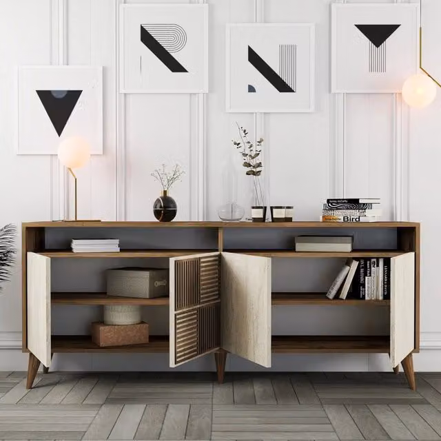 Madia Roattos DMORA con 2 ripiani, finitura beige marmo e noce, L: 180 cm, P: 35 cm, H: 78 cm
