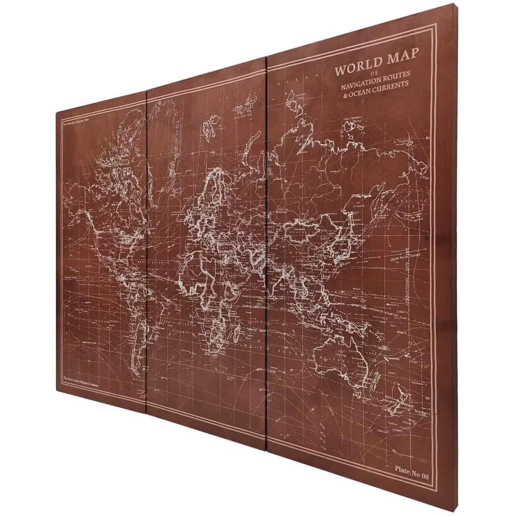 Trittico Mappamondo Vintage su Tela con Cornice in Legno Minimal Marrone L: 120 cm, H: 60 cm – 2