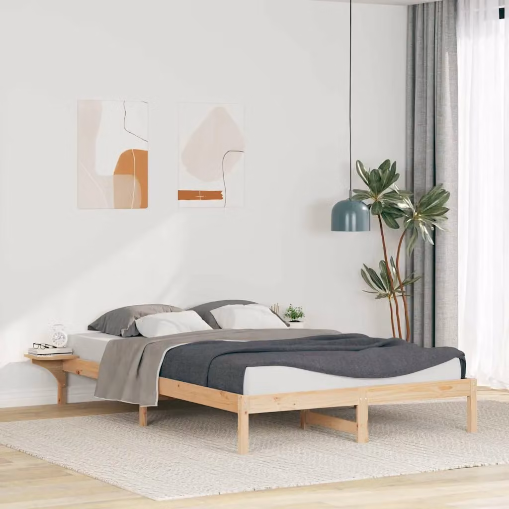 Letto moderno vidaXL in pino massello con tavolini laterali, colore naturale/marrone/beige, L: 160 cm, P: 225,5 cm, H: 210 cm