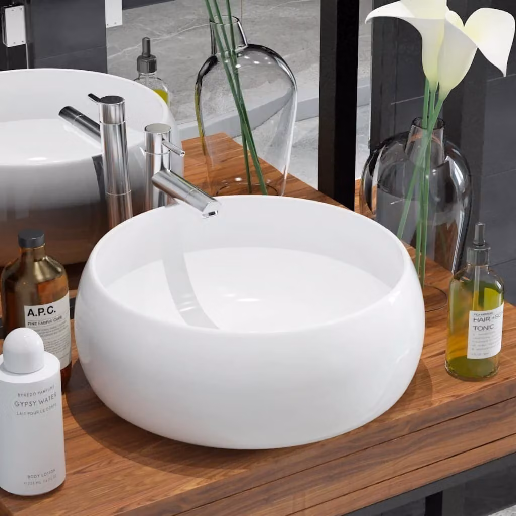 The Living Store Lavabo rotondo in Vetroceramica bianca 40 x 15 cm