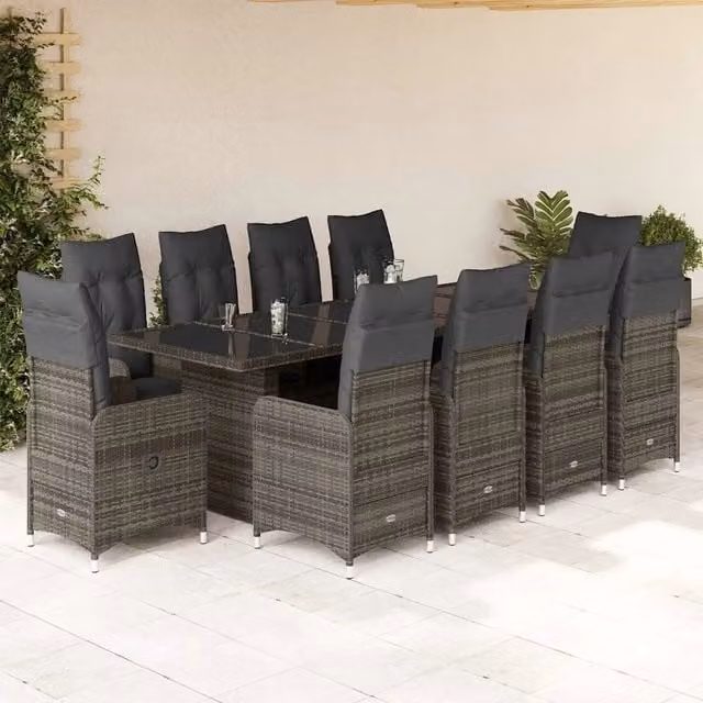 Set Bistrò da Giardino vidaXL 11 pz in Polyrattan Grigio con Piano in Vetro