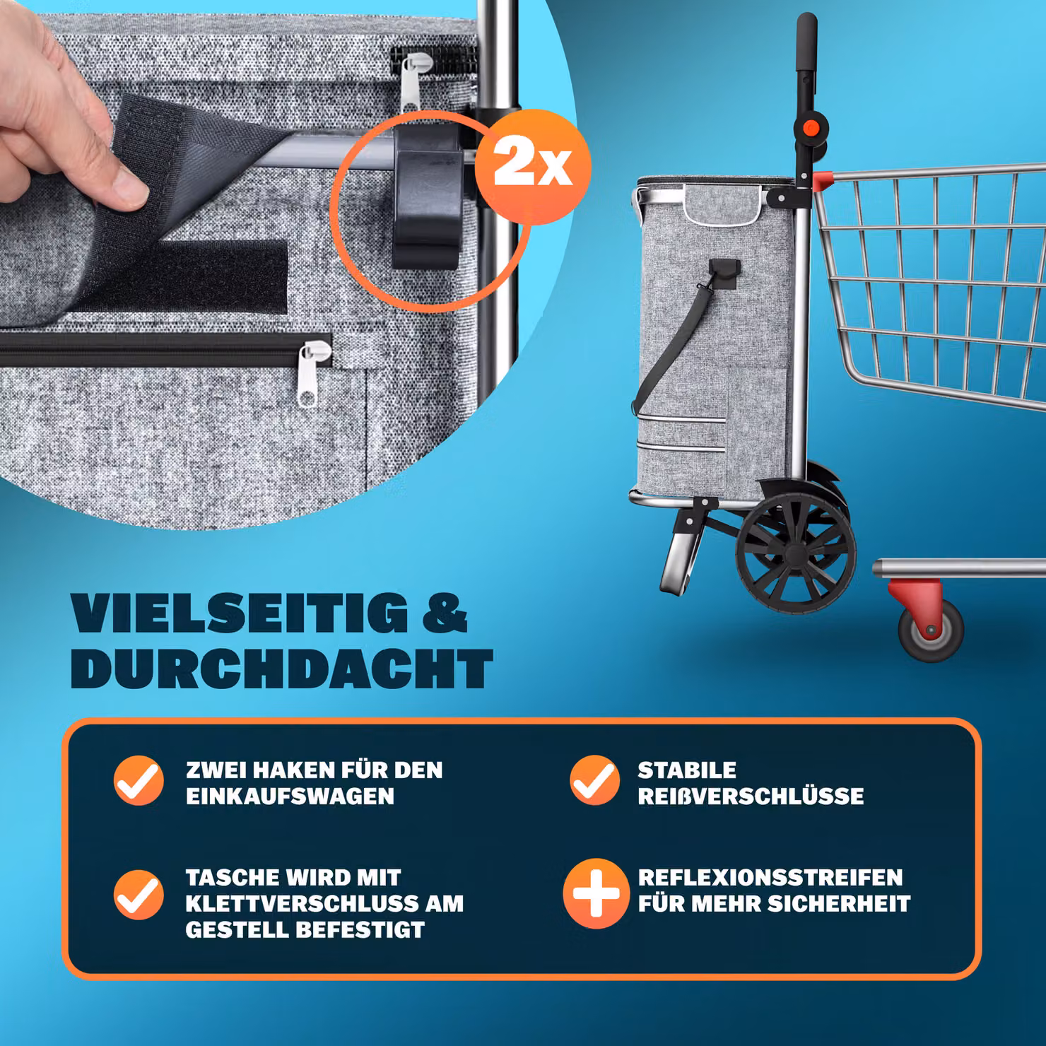 Trolley portaspesa Monzana in tessuto grigio con capacità 56L, L: 31 cm, P: 24 cm, H: 54 cm – 2