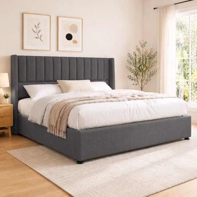 Letto contenitore 180x200 cm grigio in lino, base idraulica, senza materasso