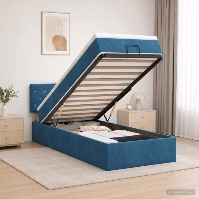 Letto ottomano con contenitore vidaXL in velluto blu e bianco con materasso a molle L/P/H: 203 x 90 x 140 cm – 1