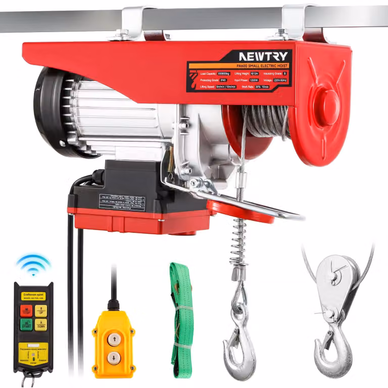 Verricelli elettrici da 300/600 kg, con un'altezza di sollevamento di 12/6 metri, dotati di telecomando wireless e alimentati da un motore da 1200 W