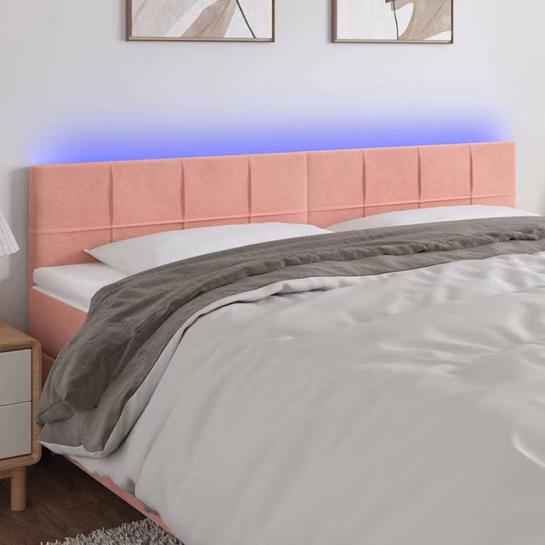 Testiera per letto vidaXL in velluto rosa con illuminazione LED e porta USB, L: 200 cm, P: 5 cm, H: 78-88 cm