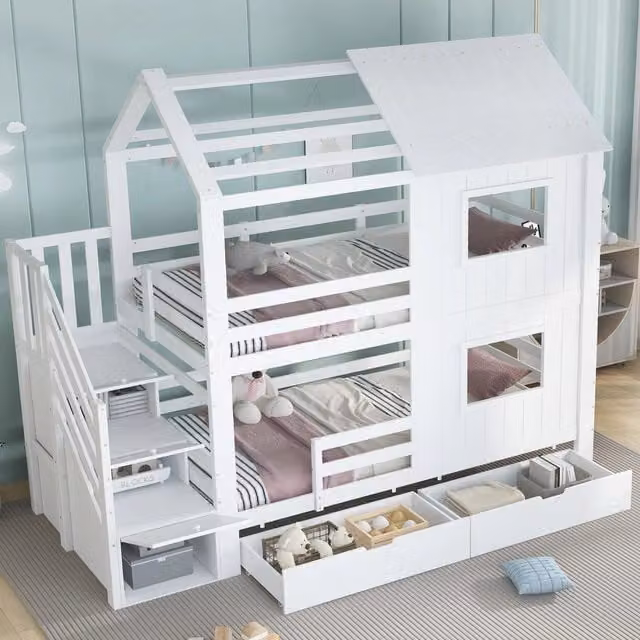 Letto a castello MIVRAY per bambini in legno bianco con scala contenitore e struttura a casetta L/P/H: 200 x 90 x 253 cm