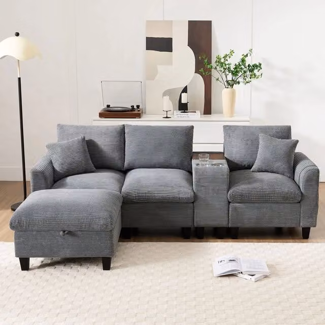 Divano angolare a L - Xylo - Velluto, console con USB, ripostiglio, grigio