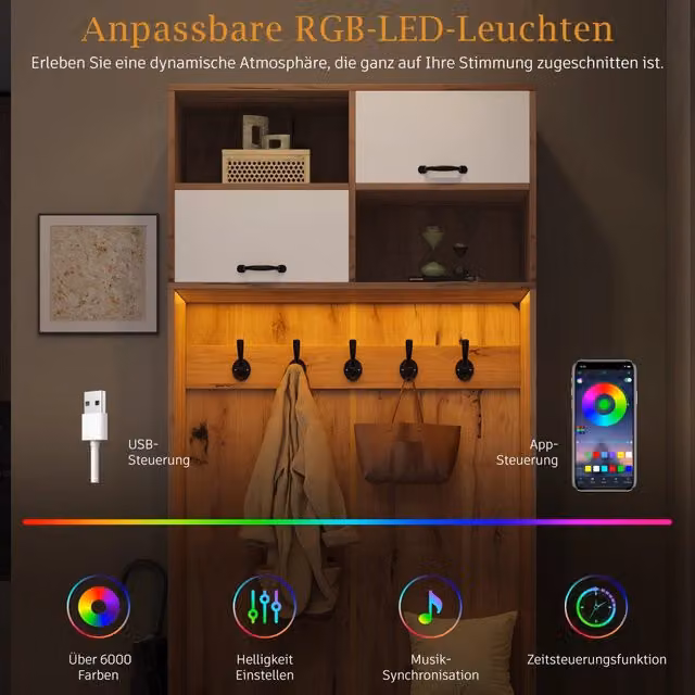 Set da ingresso con panca; 5 ganci; 2 ante e 6 vani aperti con LED 6000 colori; truciolato; naturale e bianco; 80x35x185 cm