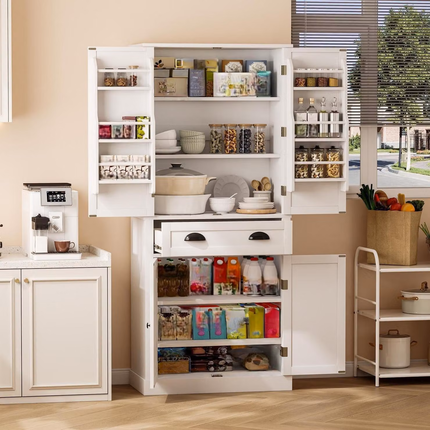Armadio da cucina, mobile alto, bianco, 4 ante, 1 cassetto, 80x40x182 cm