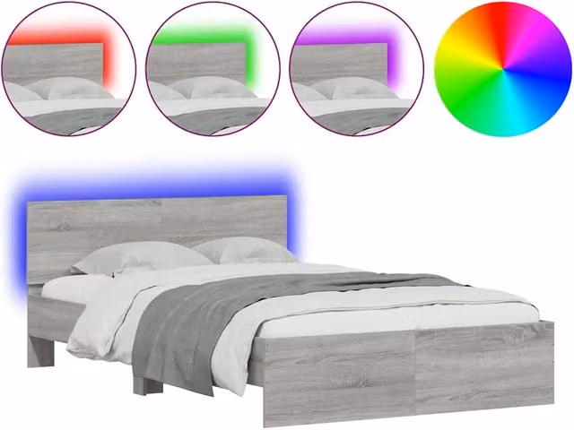 Letto matrimoniale | Letto per adulti | Giroletto con Testiera e LED Grigio Sonoma 135x190 cm