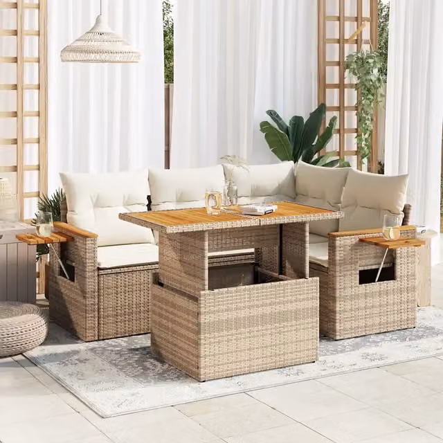 Set Divano da Giardino 5 pz con Cuscini Beige Polyrattan Acacia 3327593