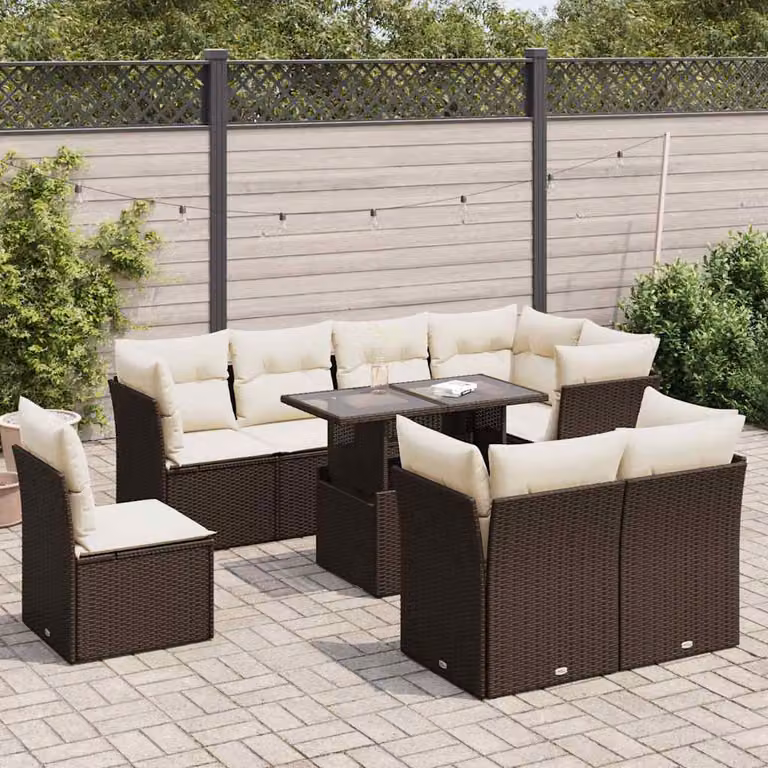 Set Divani da Giardino vidaXL 9 Pezzi con Cuscini e Tavolino, Design Moderno a L in Polyrattan Marrone e Bianco
