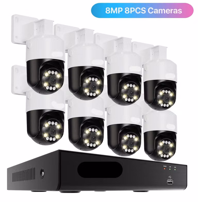 Sistema di sicurezza: 8 telecamere di sorveglianza 4K Ultra HD, con rotazione a 360° e tecnologia PTZ, dotate di rilevamento intelligente (AI)