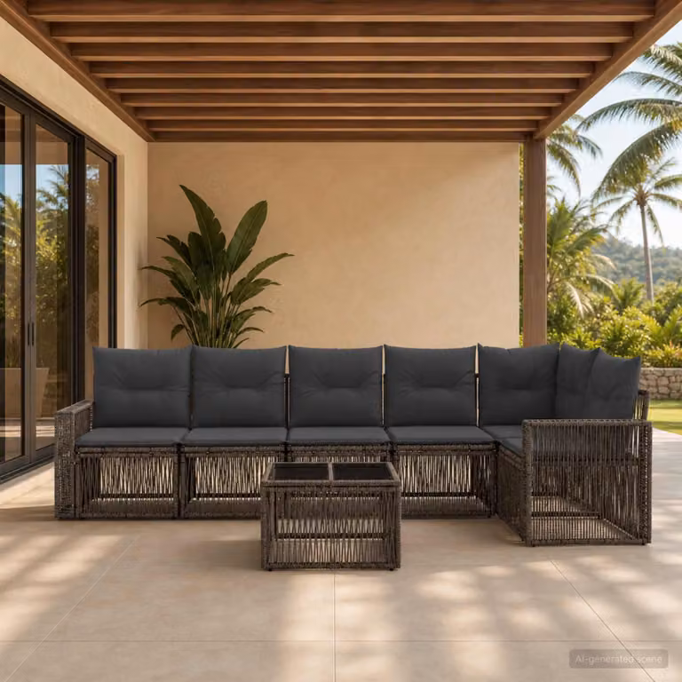 Set Divano da Giardino vidaXL 7 Pezzi in Polyrattan Grigio e Antracite con Tavolino e Cuscini