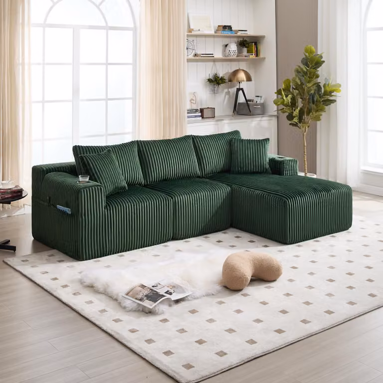 LVHOM Divano componibile con funzione letto, divano angolare con rivestimento in velluto a coste, 3 posti con cuscini, divano letto senza montaggio, divano lounge 257x80x160cm, verde