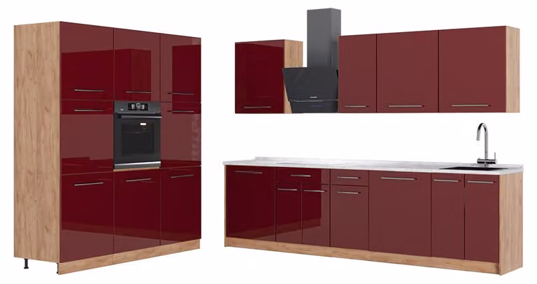 Cucina componibile Vicco Fame-Line Bordeaux lucido/Rovere dorato 460 cm, PL Marmo, Model 63803