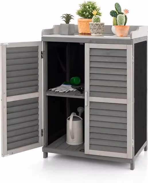 Armadietto da esterno Costway in legno di abete con 2 ante a persiana e piano in metallo placcato, Grigio, L: 67 cm, P: 47 cm, H: 100 cm