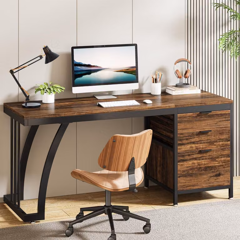 Scrivania per computer da 150 cm con 3 cassetti, scrivania per PC con piano ribaltabile, scrivania industriale con spazio per l'archiviazione di documenti, colore marrone rustico