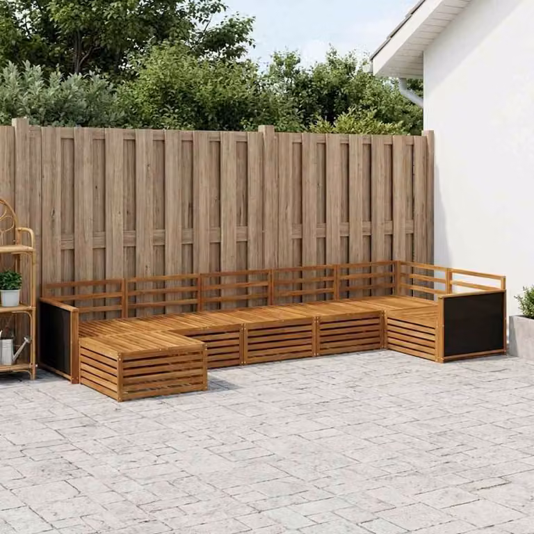 Set di divani da esterno vidaXL 7 pz in legno di acacia marrone con cuscini e pouf a forma di L